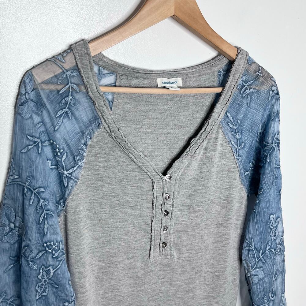 Sundance Embroidered Floral Mesh Sleeve Henley Top Gray Blue XS Boho Romantic - Picture 4 of 8